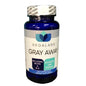 Bottle of Regalabs Gray Away supplement on a wooden surface with a blue background