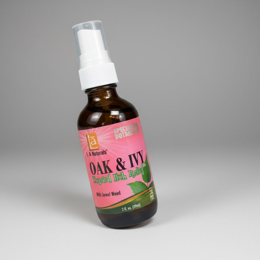 Bottle of Oak & Ivy product on a wooden surface with a blue background