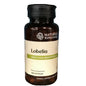 Nature's Sunshine Lobelia supplement bottle on a wooden surface with a blurred blue background