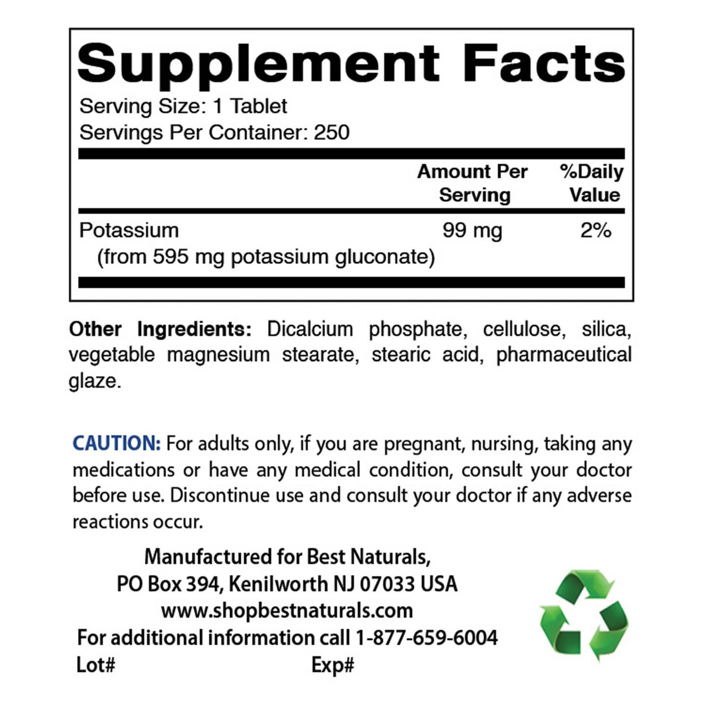 Best Naturals - Best Naturals Potassium Gluconate 595 mg 250 Tablets