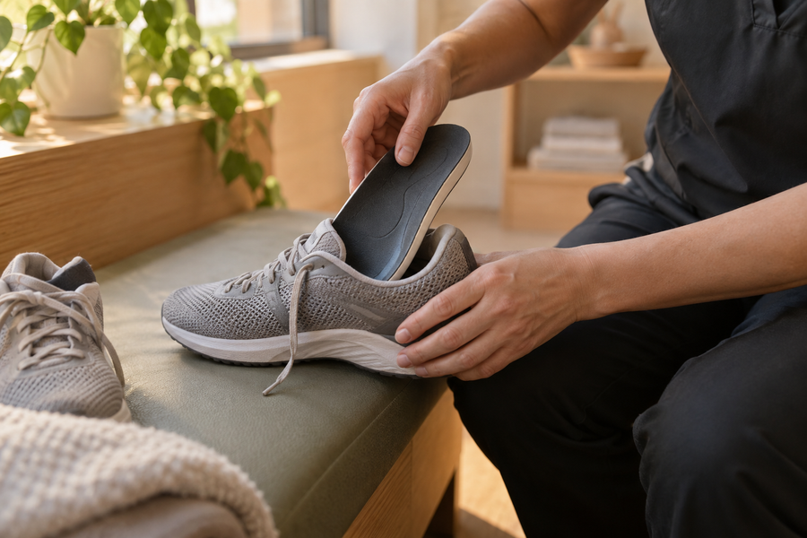 Custom orthotic insert being fitted into a walking shoe